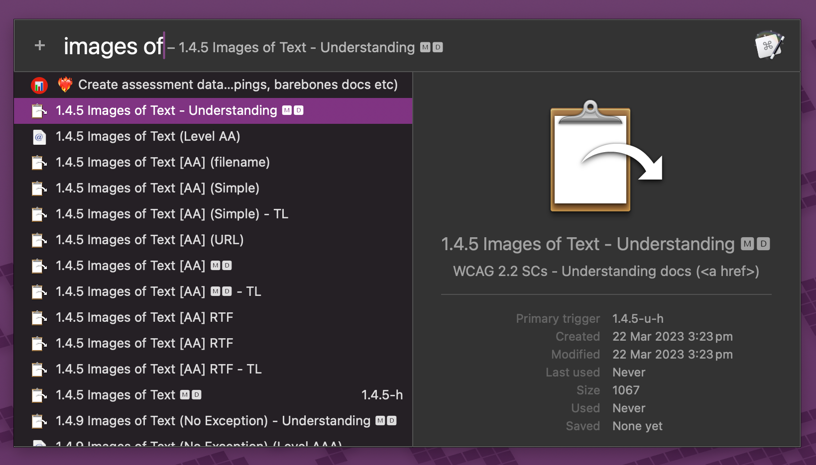 Keyboard Maestro spotlight search showing a range of saved text expansions