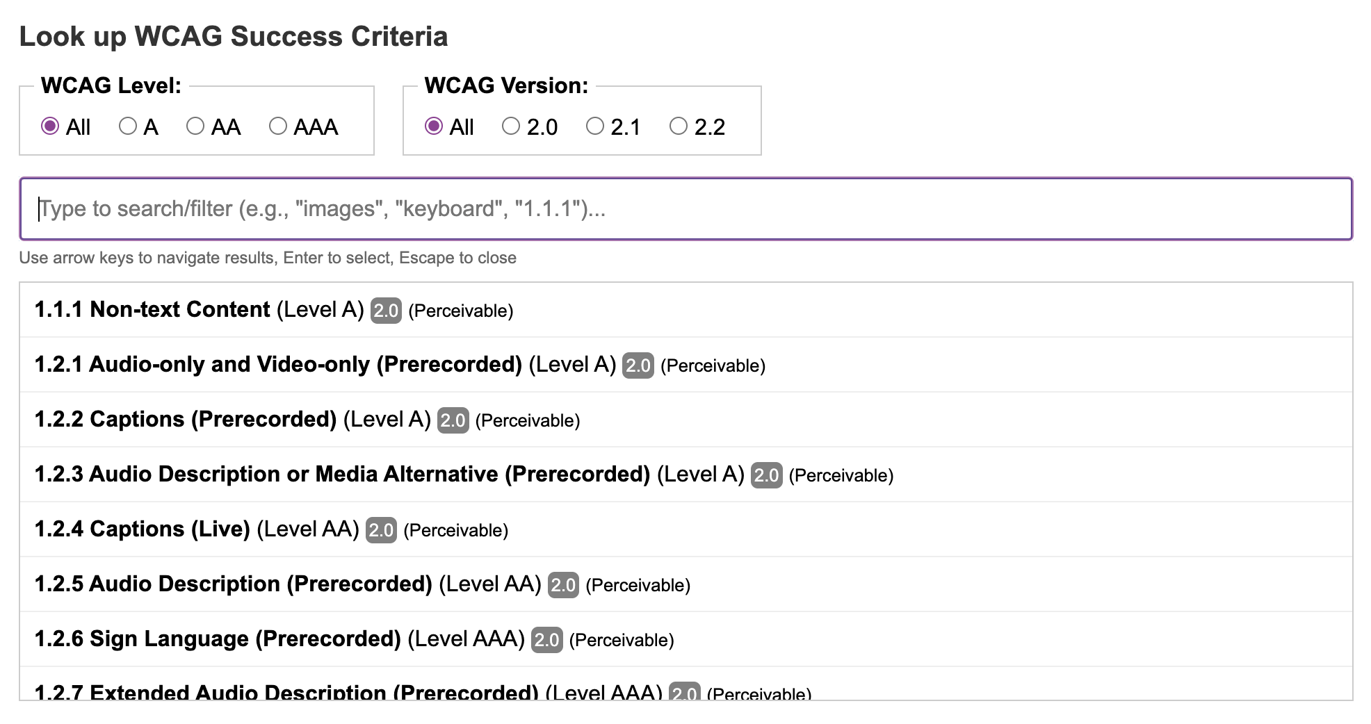 All WCAG SCs showing, sorted by their SC number