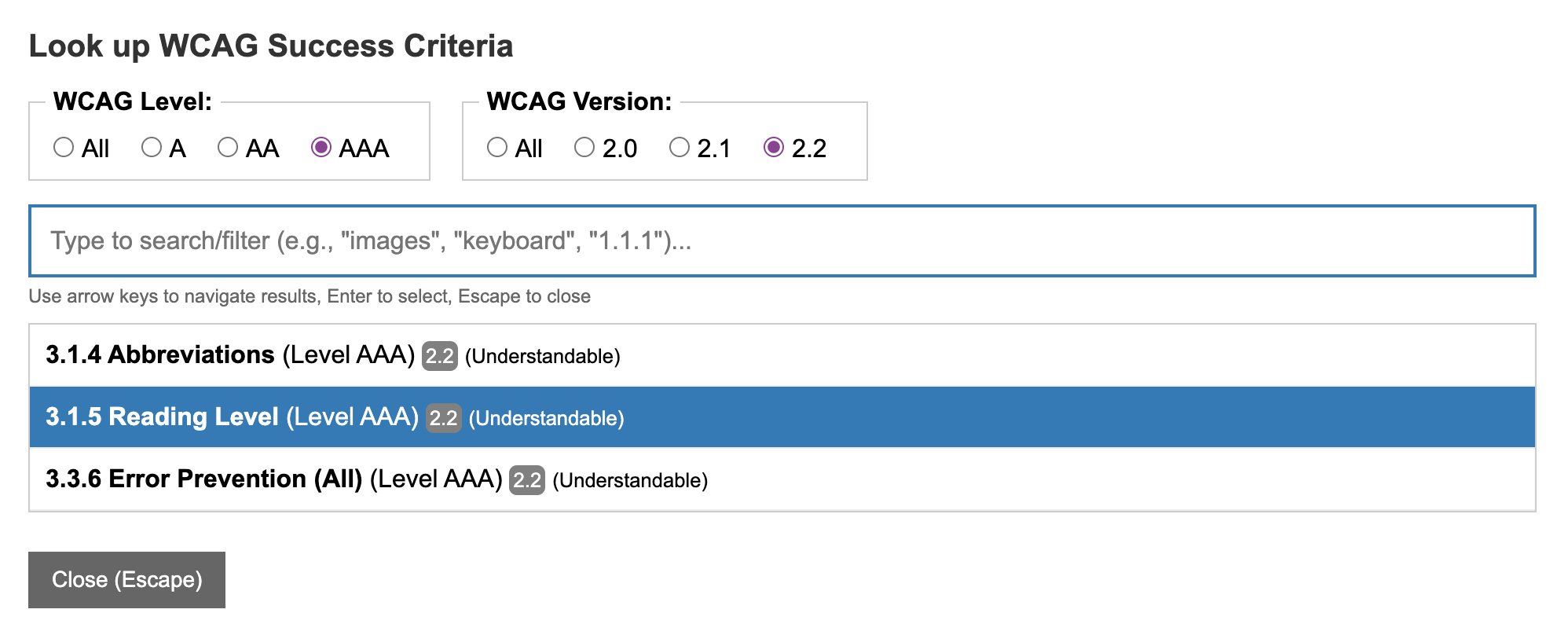 Filtering applied: showing only Level AAA SCs that were introduced in Version 2.2