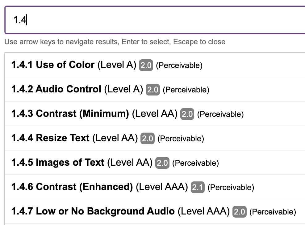 Search term is '1.4', and the results show all SCs beginning with '1.4', such as 1.4.1 Use of color, 1.4.3 Contrast (minimum)