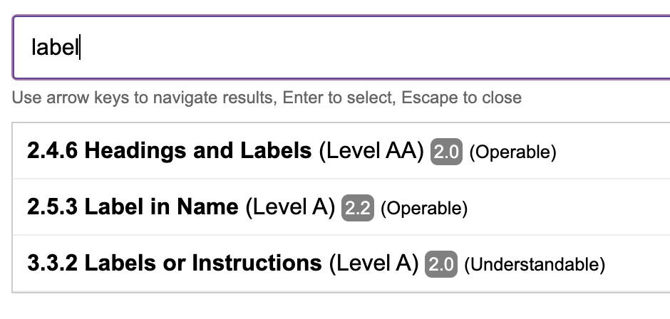 Results show SCs 2.4.6, 2.5.3 and 3.3.2, all of which have 'Label' in the SC name