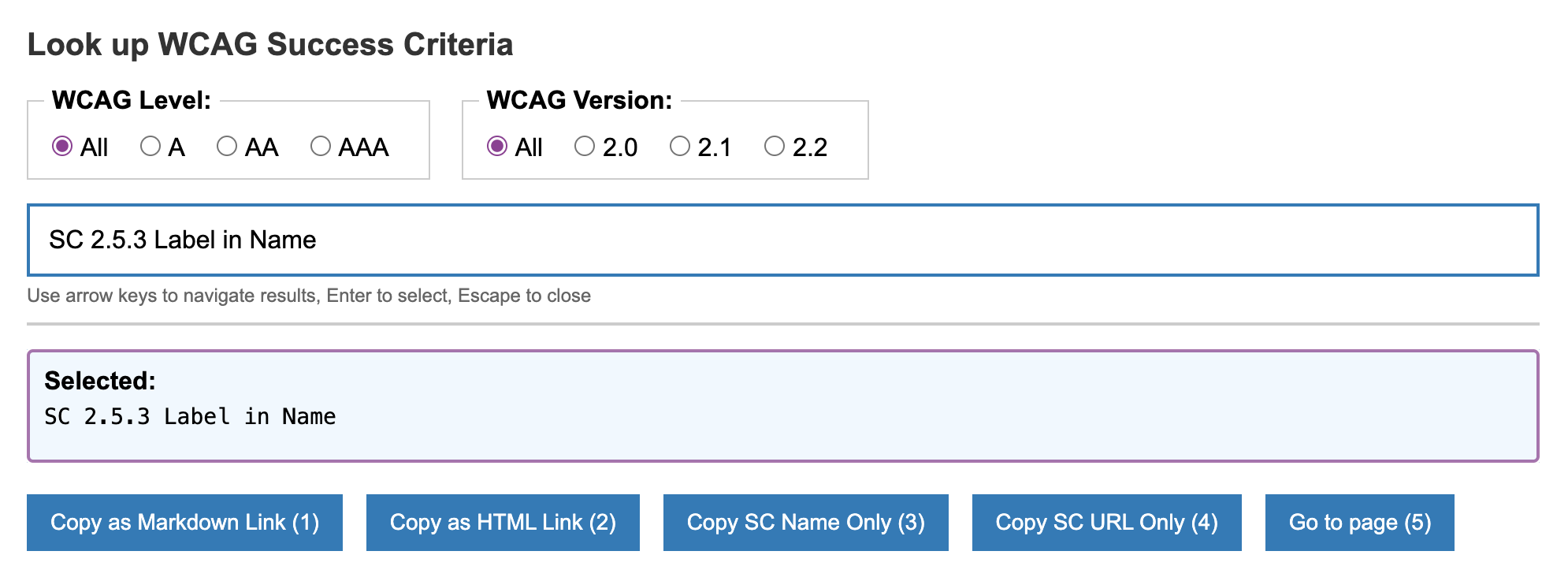 With one SC selected, 5 buttons are showing, 4 of which provide 'Copy' optins, and the 5th takes you to the page.