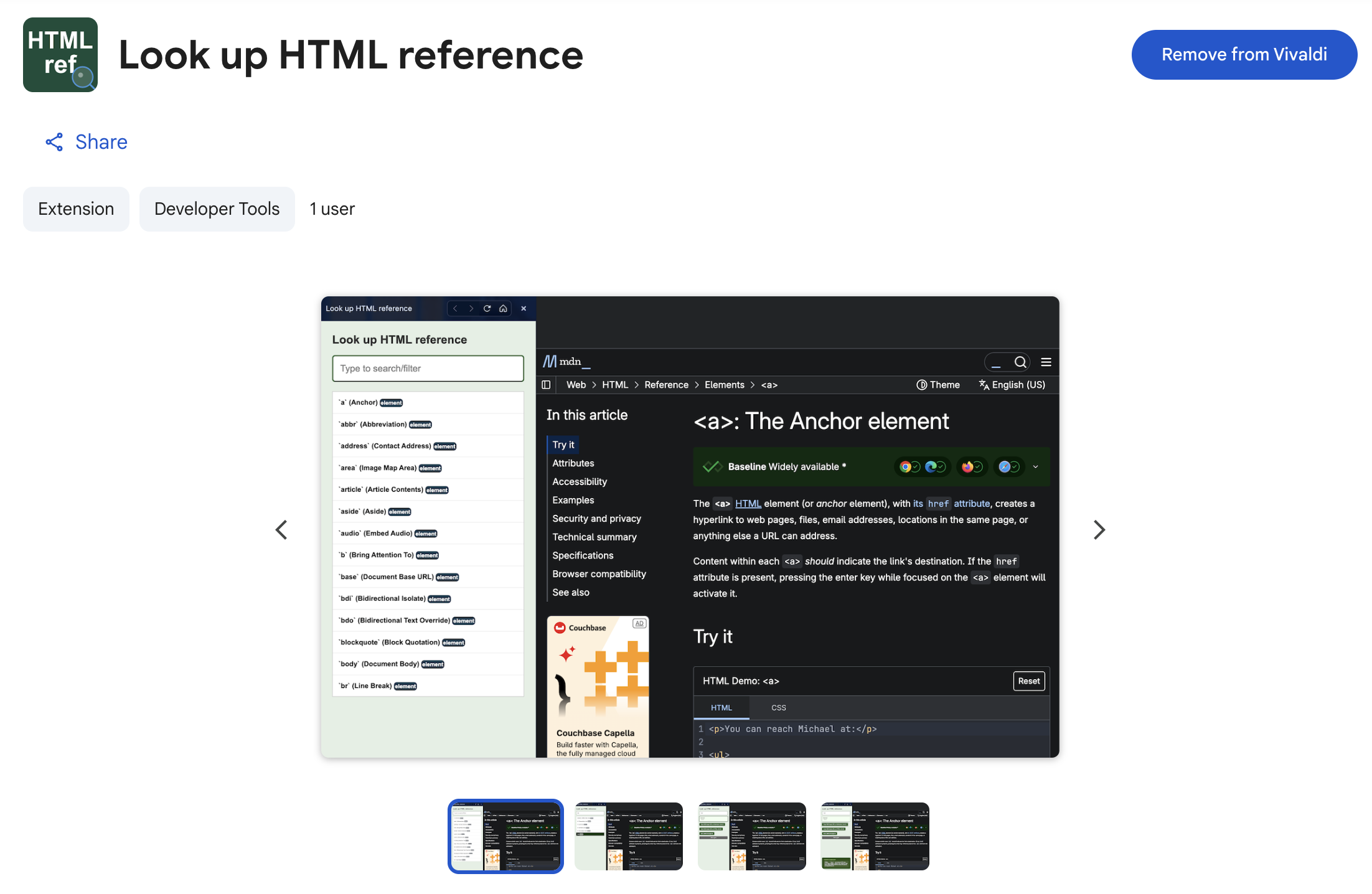 Screenshot of HTML Lookup as shown in Google Chrome Web Store