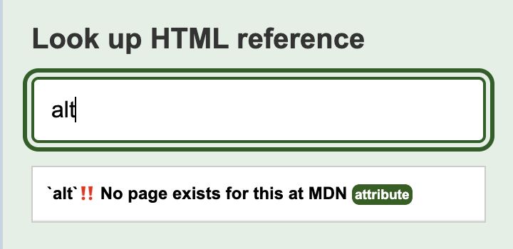 The lookup tool flagging that the MDN reference is not available