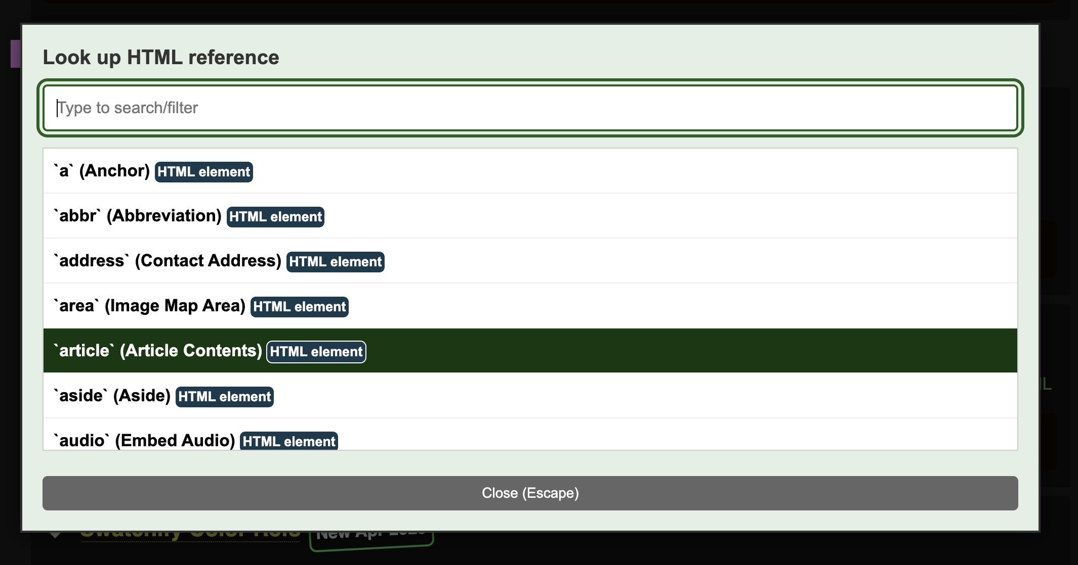 The HTML lookup tool showing as a dialog in the bookmarklet version