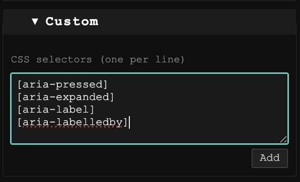 Textare with 4 ARIA attribute selectors in, with an 'Add' button underneath.