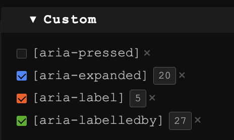 4 ARIA attribute selector highlight options with 3 of 4 checked. Each checked item shows an instance count button after it.