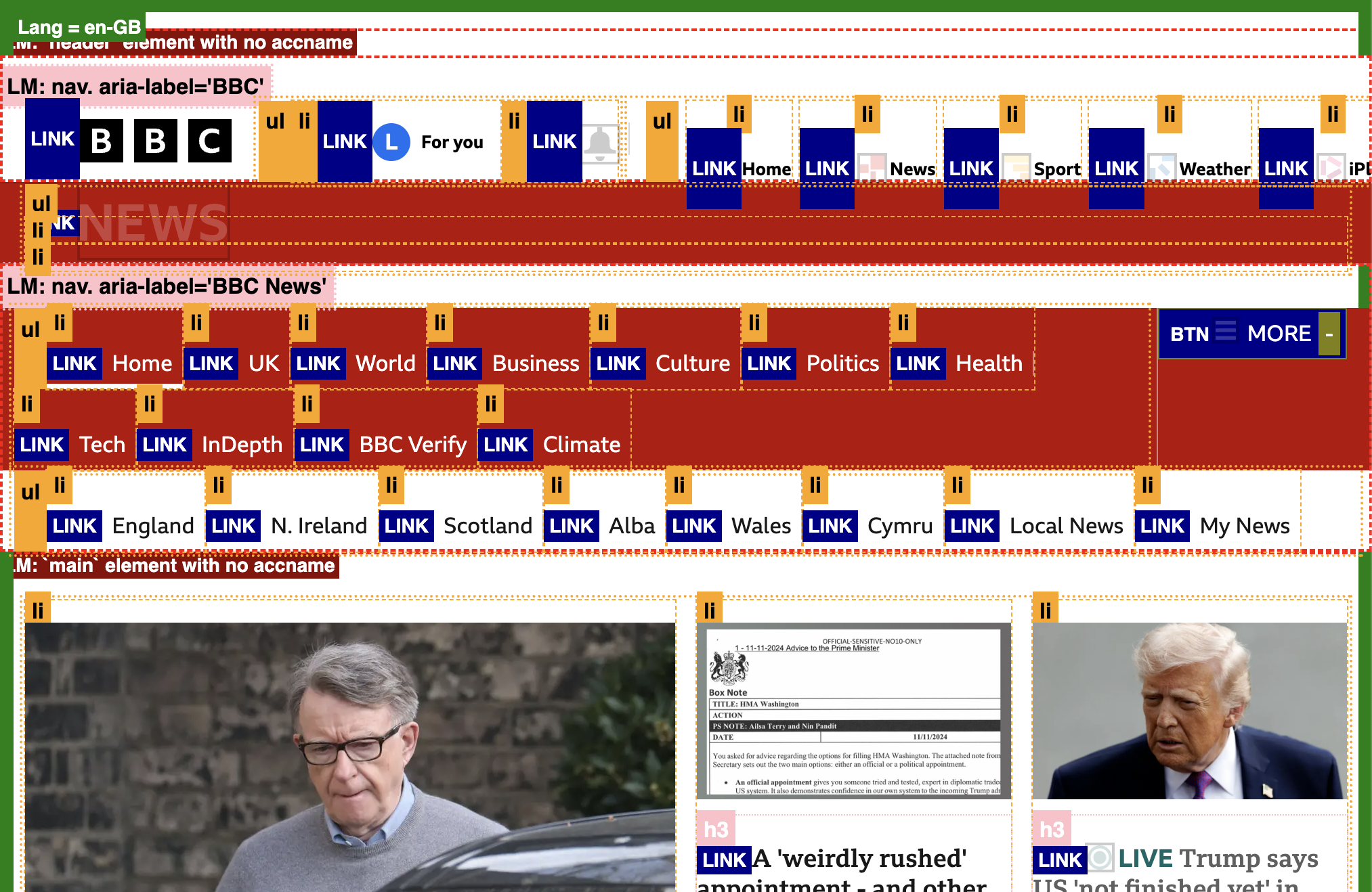 Diagnostic CSS as applied to a BBC News page. Links, list items and landmark areas are highlighted.