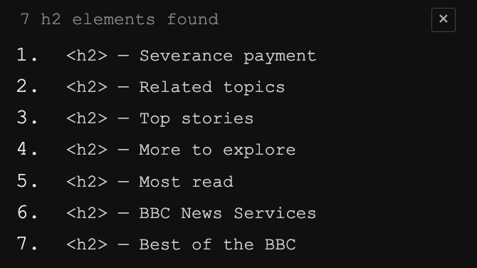 A list of all headings in the order that they appear in the document. The heading level and the heading text shows for each.