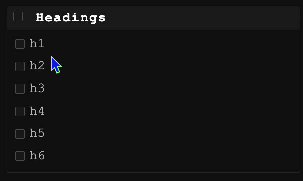 Animated GIF shows individuak headings being turned on/off and also the parent headings checkbox being toggled, which switches all on/off.