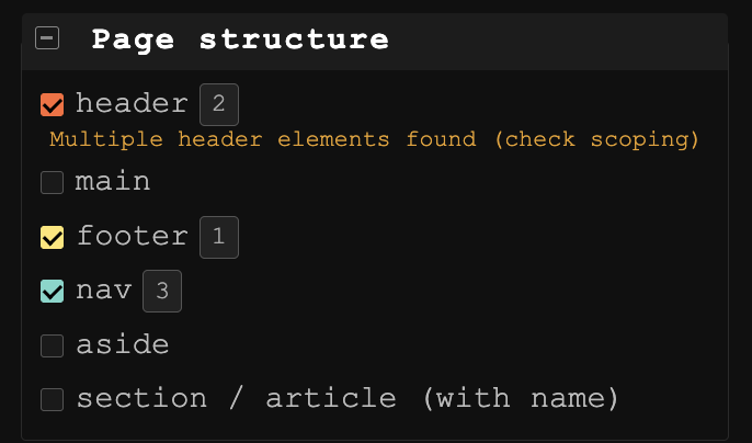 Page structure category with the header, footer and nav elements checked for highlighting on the page
