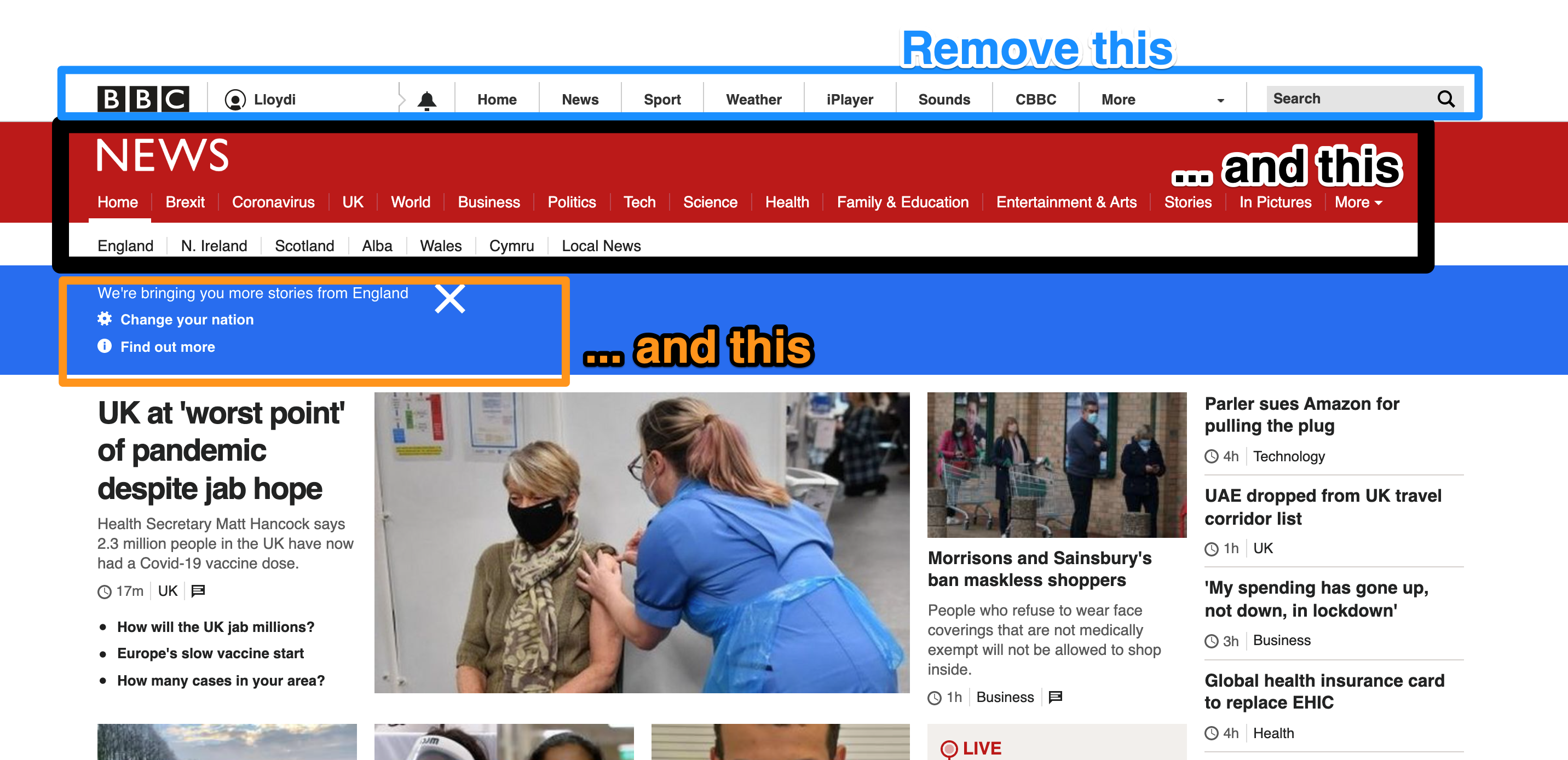 Screenshot of BBC News website with common header sections indicated for removal